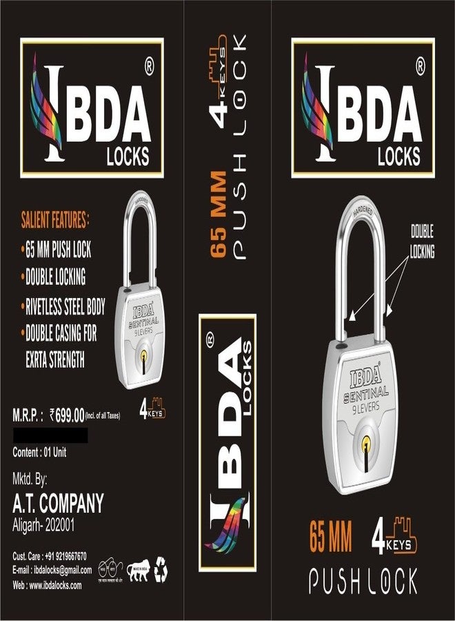 IBDA Push Lock and Key Square 65mm |Double Locking|9 Levers|Rivetless Steel Body Padlock| Lock for Home,Shutter,gate,Door,kadi,Channel,Chain,Shop,School,Warehouse,Flat,Outdoor-Indoor use (Pack of 2) - Image 5
